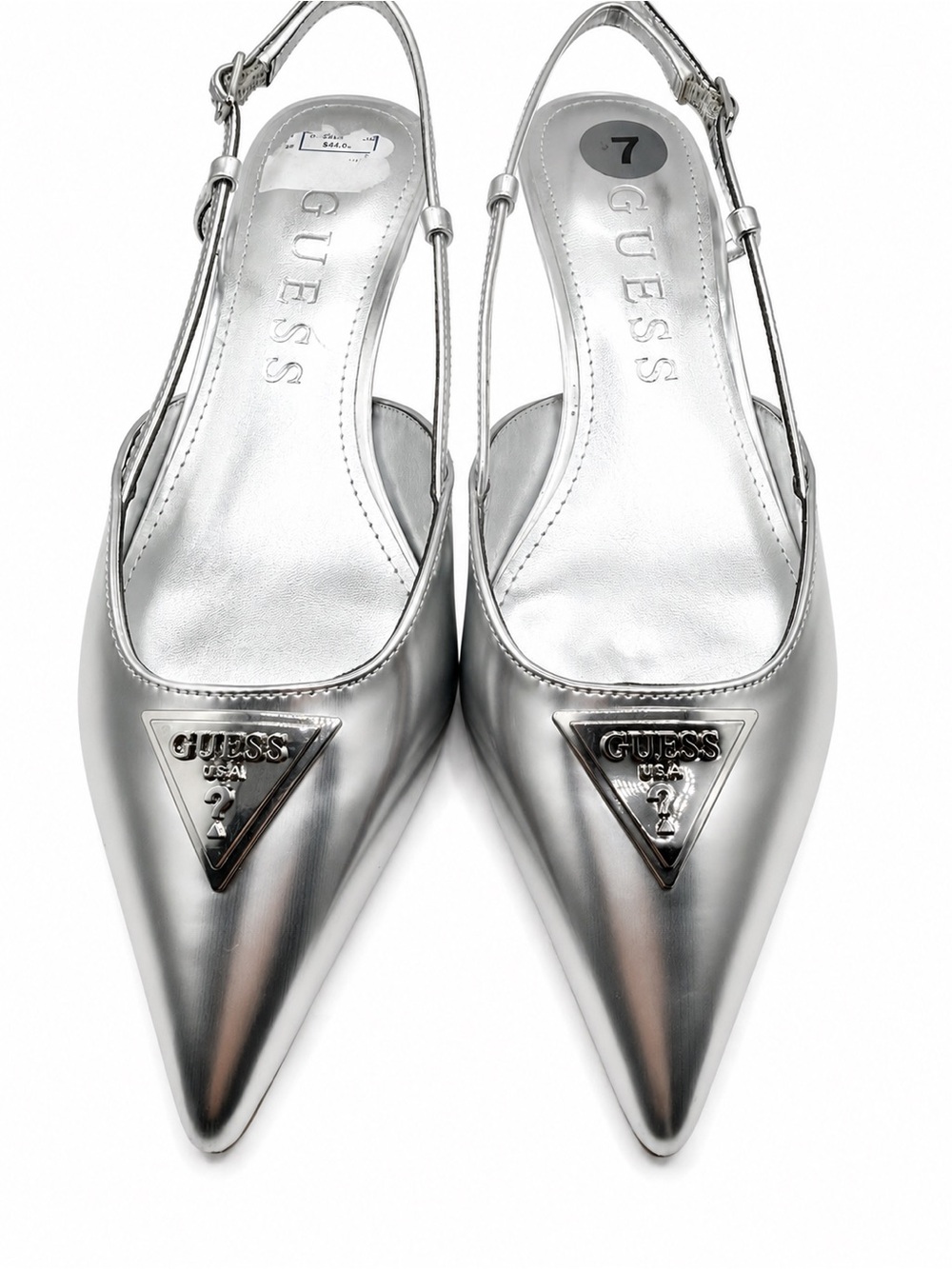 Guess Metallic Silver Pointed-Toe Slingback Mules